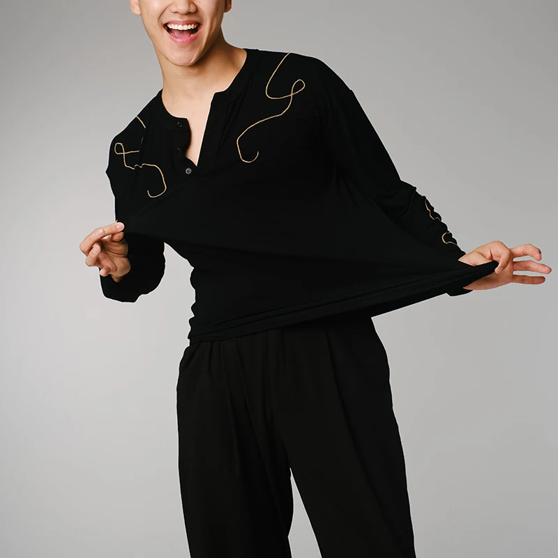 

Новые мужские топы для латиноамериканских танцев 2026 года, черные рубашки с длинным рукавом для чачи, румбы, танго, костюмы для выступлений для взрослых мужчин, DQS20661