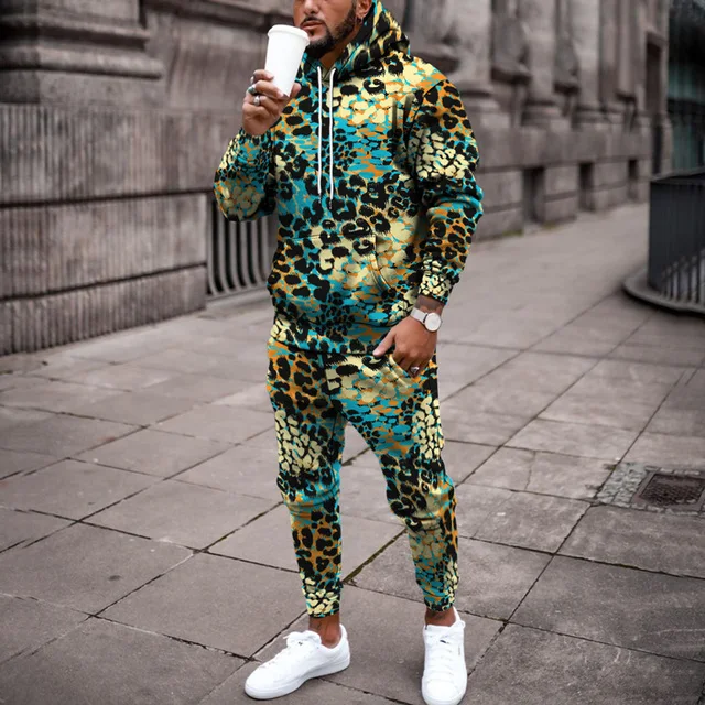 Men’s Tracksuit 2023 Autumn Winter 2 Piece Set Oversized Hoodies Leopard 3d Printed Jogging Fleece Sweatshirts+Sweatpants Suit