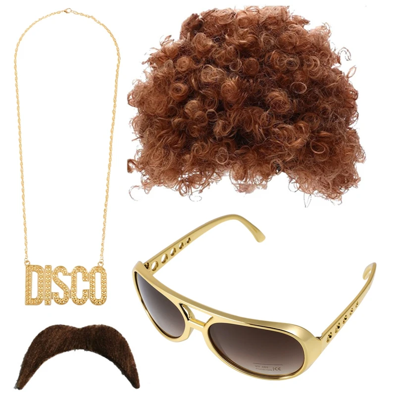 3/4 pçs conjunto 70s 80s peruca de discoteca com bigode óculos colar corrente, cabelo sintético afro masculino rocker festa de halloween vestir-se