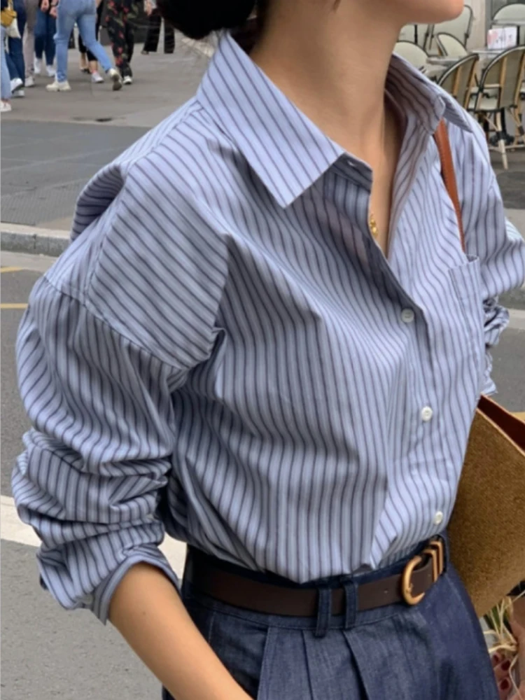 Blue Striped Long Sleeve Shirt Women's Vintage Style Korean Loose Fit Spring 2024 Fashion Casual Elegant Top