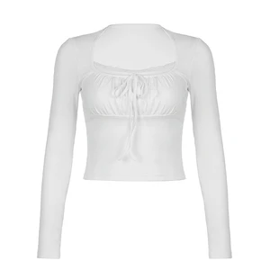 Damen t -Shirt mit Quadratkragen, Spitzen -Garnison, Langarm, dünn, weiß, y2k, süß, japanische Kleidung, Kawaii 6 Hauptverkäufe japanische Frauenkleidung - №4