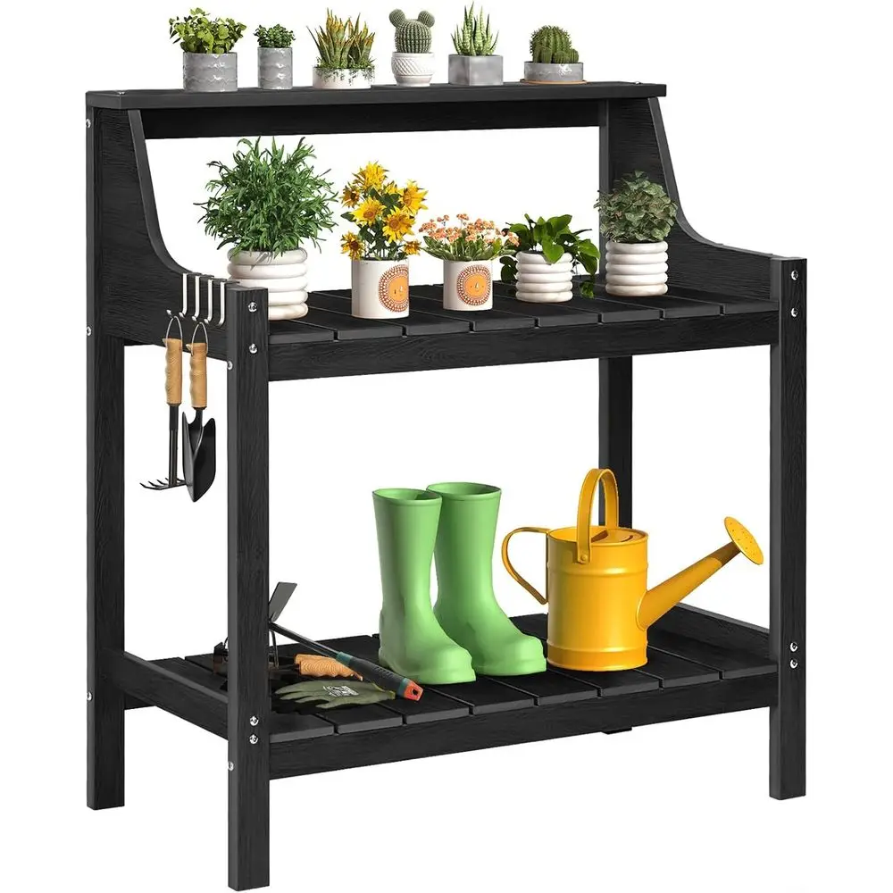 All-Weather Outdoor Potting Bench with 4 Side Hooks, Large Capacity, Durable Black Garden Work Station