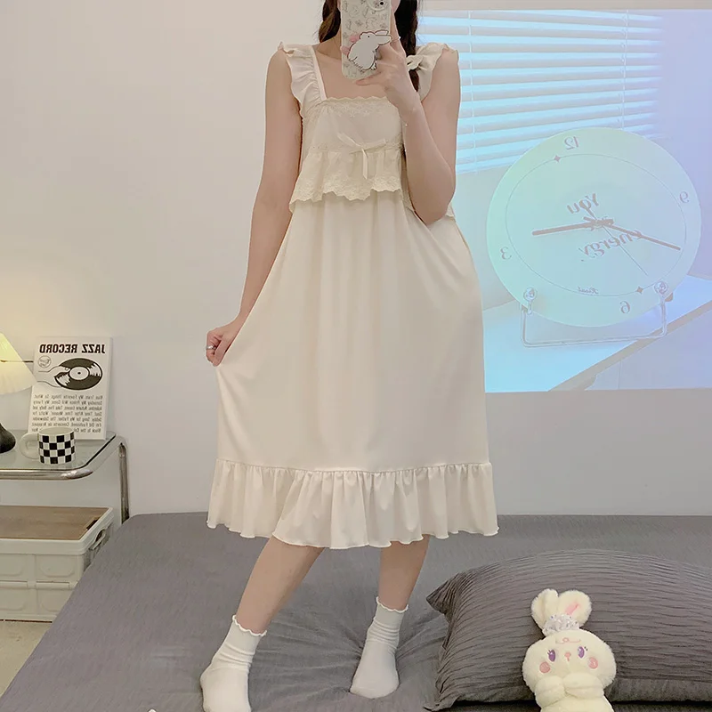 Ruffles Nightgowns ผู้หญิงฤดูร้อนหลวมหวานที่แพร่หลายนุ่ม Loungewear ประณีต Elegant เกาหลีสไตล์ Chic ทุกวัน