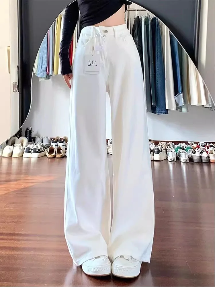 Loose Fit High Waist Wide Leg Jeans Women's Slim Sle White Denim Pants Autumn New Street Sle Lazy Slimming Floor-Length