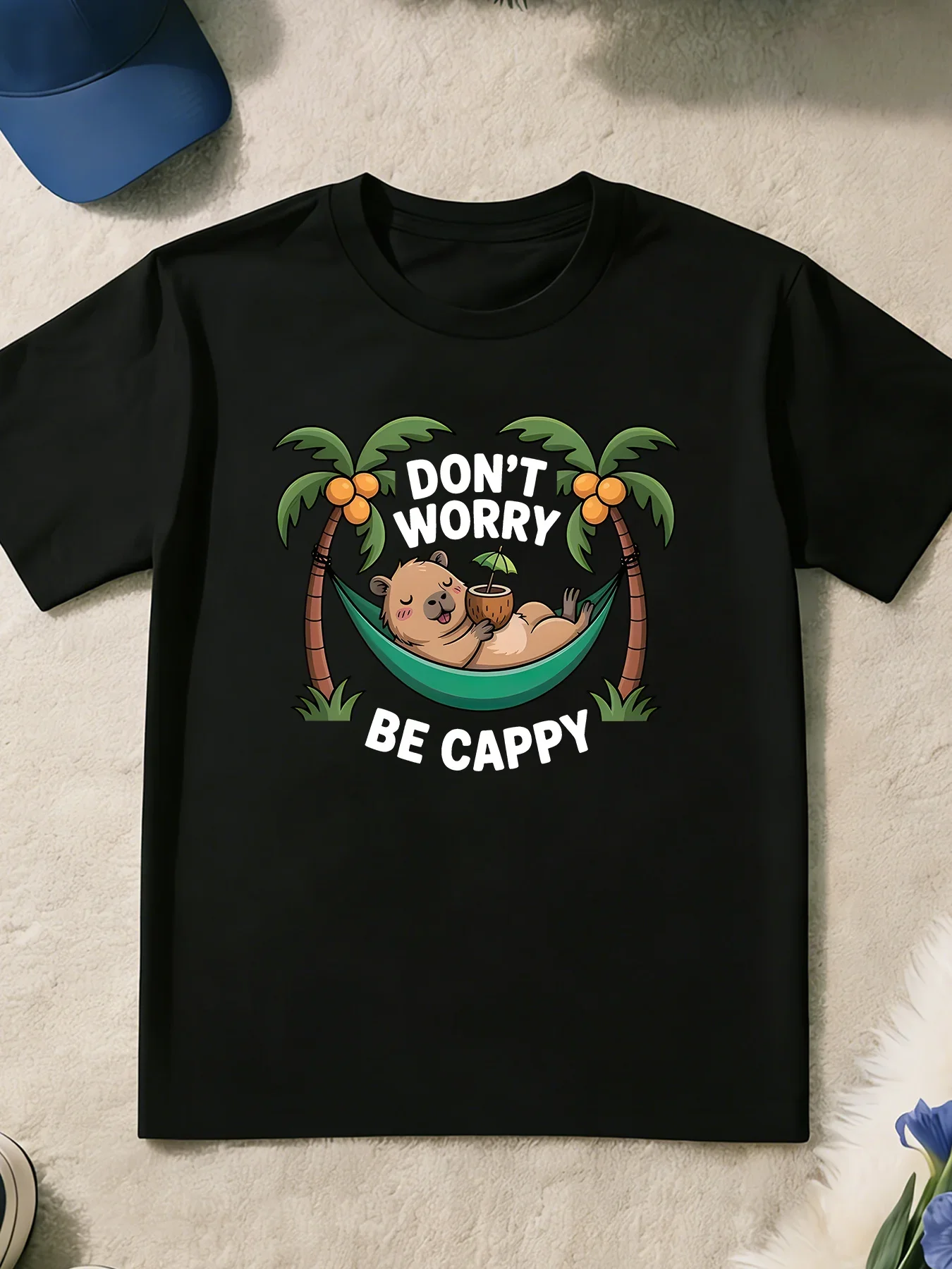 Dont Worry Be Cappy Capybara Hammock Print T Shirt Boys Girls Cute Animal Short Sleeve Tee Family Matching Kids Cotton Tops