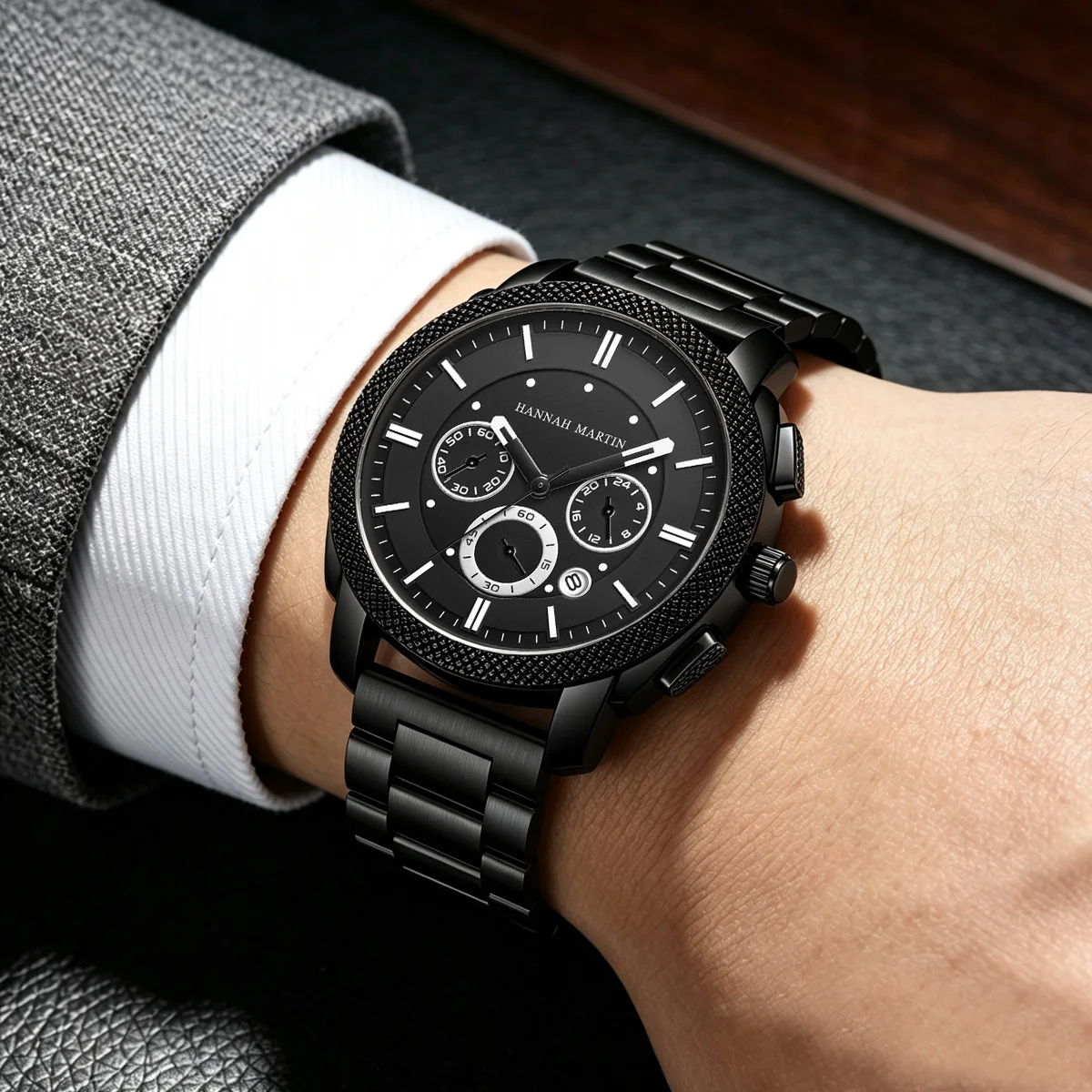 Hannah Martin Multifunctional Watch Men Business Stainless Steel Black Sport Wind Chronometer Subdial 44mm Quartz Men Wristwatch