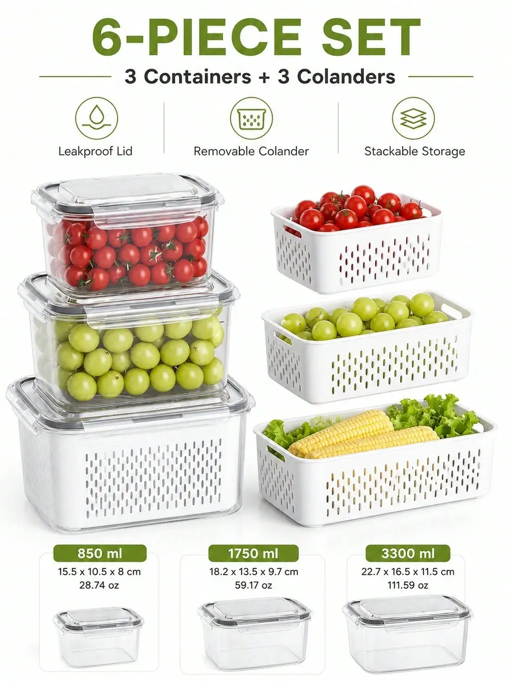 Stackable Vegetable Storage Boxes with Colander Inserts, 6-Piece Set for Vegetable Prep Organizer