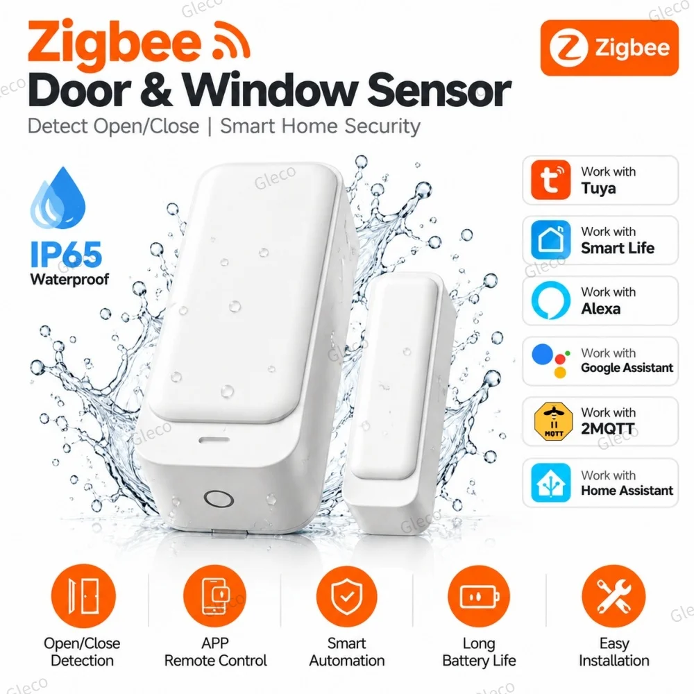 Tuya Zigbee Waterproof Door Sensor Window Contact Sensor Open Closed Detector Smart Life Alexa Home Alarm Security Protection