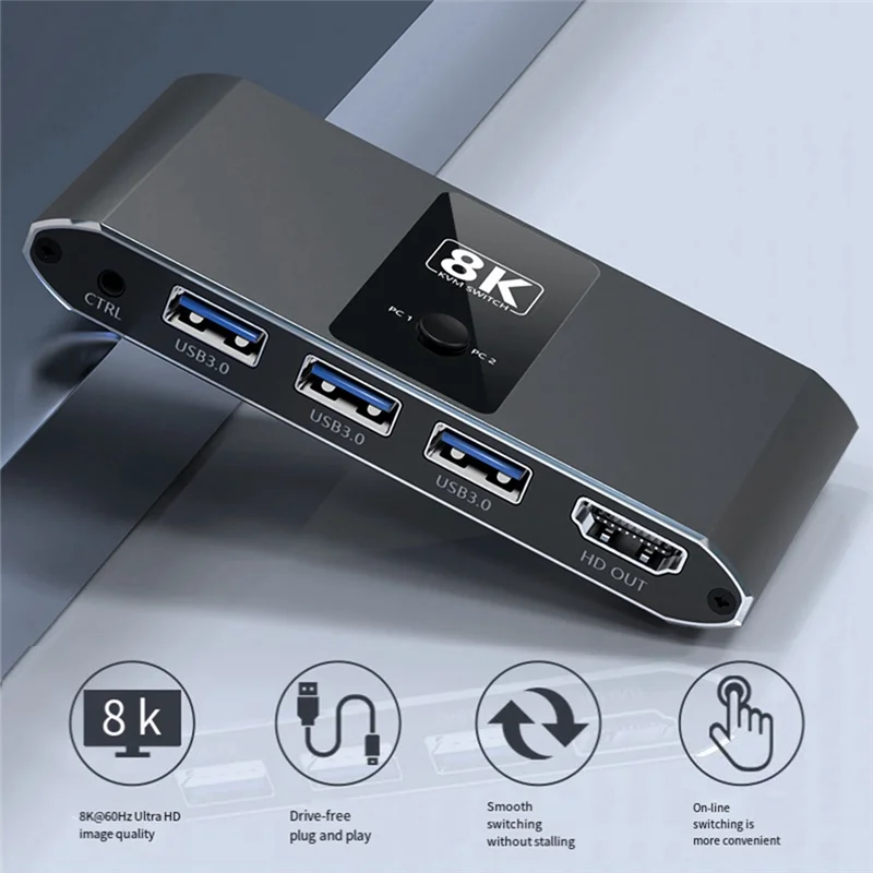 

KVM-переключатель 8K Сверхпрозрачный экранный переключатель 2 входа и 1 выход - совместимый переключатель 4K120 Гц Переключатель линейного управления DP Прочный Простой в использовании
