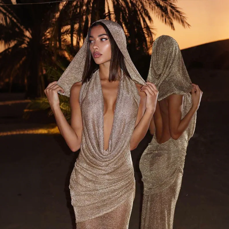 

Mesh Hooded Dress Women Halter V Neck Backless Ruched Hip Maxi Dresses European American Sexy Elegant Bodycon Party Vestidos