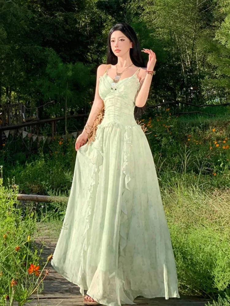 여름 우아한 민소매 프릴 스파게티 스트랩 백리스 드레스 Pleated 꽃 달콤한 요정 파티 가운 새로운 해변 휴가 드레스