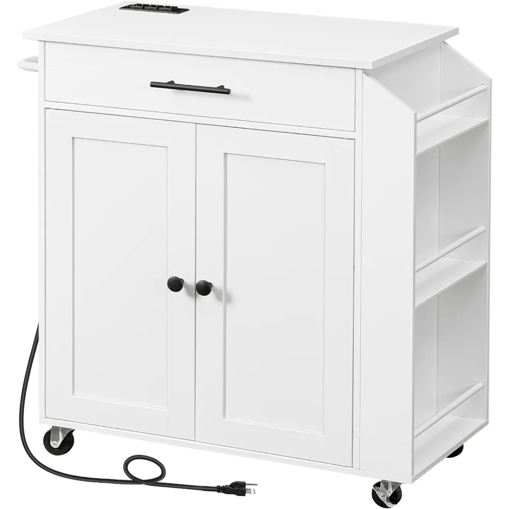 Kitchen Island with Power Outlet, Kitchen Storage Island with Spice Rack and Drawer, Rolling Kitchen Cart on Wheels White