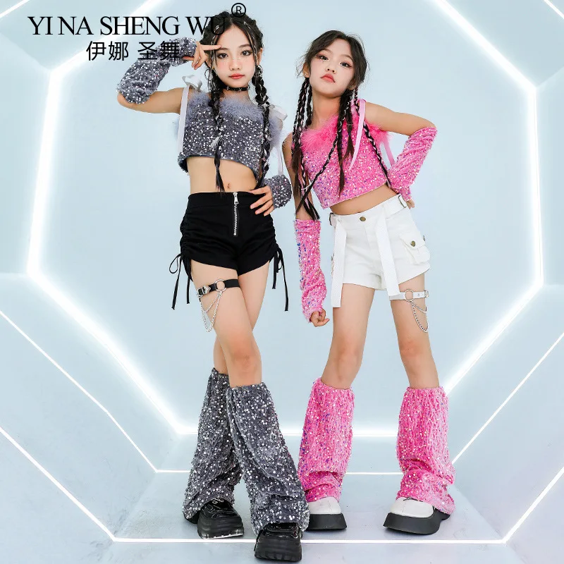 Costume da jazz con paillettes rosa Vestito da palcoscenico per ragazze Hip Hop Pantaloncini bianchi neri Kpop Kid Glitter Abiti di moda Vestito da spettacolo di danza