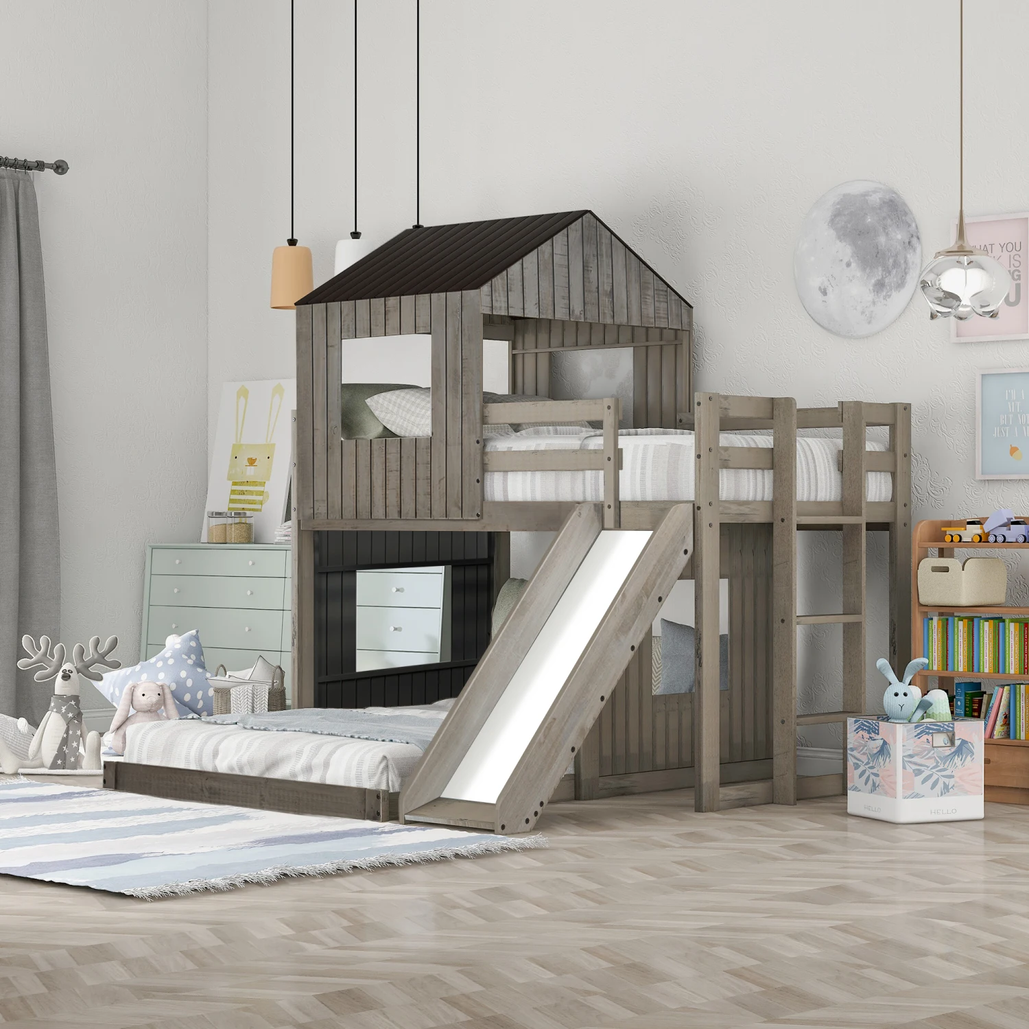 Wooden Twin Over Full Bunk Bed, Loft Bed with Playhouse, Farmhouse, Ladder, Slide and Guardrails, Antique Gray(OLD SKU  LT000028