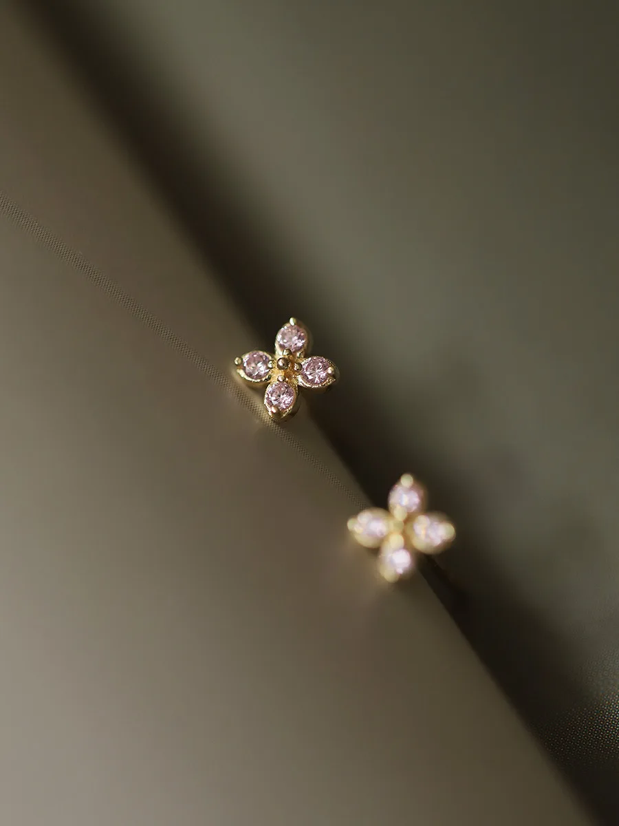 925 Silver Needle Floral Sweet Earrings Simple Inlaid Pink Zircon for Women Wedding Jewelry Accessories Mini Earring