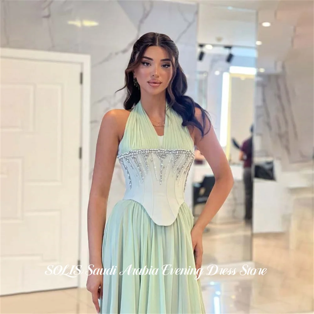 SOLIS Butter Yellow Prom Dresses Halter Neck A Line Celebrity Dress Sleeveless Chiffon Evening Dress Beading On Chest Customized