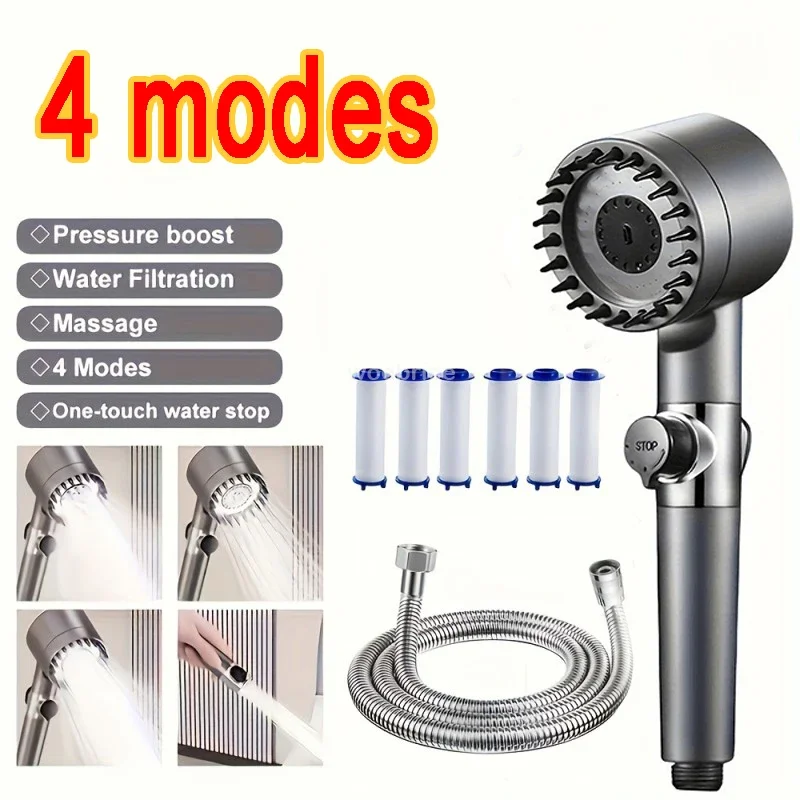 Shower Rain Head 4 Modes Shower Head High Pressure Portable Shower Filter Rainfall Faucet Tap Bathroom Faucet Home Bathroom Set