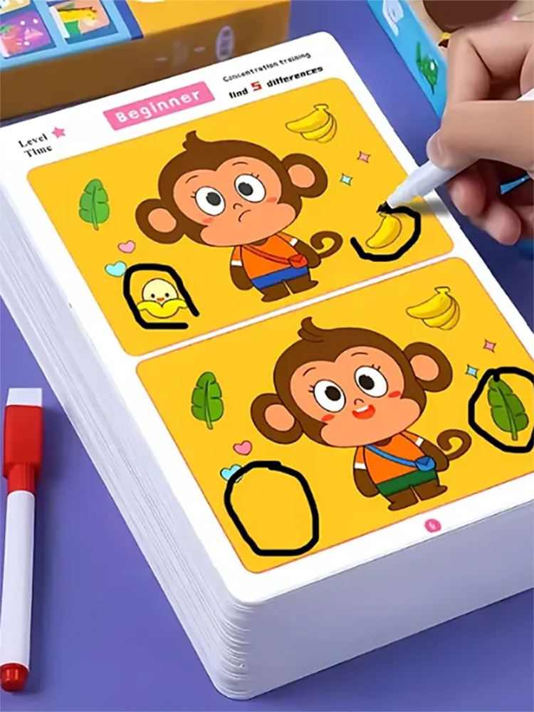 ابحث عن الفرق، صور لعبة التدريب على التركيز الممتع، نمو التعلم التعليمي، ابحث عن أماكن مختلفة، قابلة للمسح وإعادة الاستخدام، ورق شفاف، مناسب لهدايا العطلات، هدايا عيد الميلاد