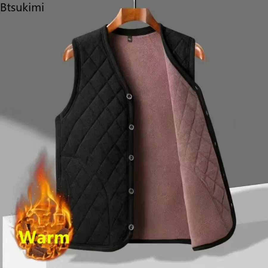 New 2025 Men's Plush Thicken Warm Vest Autumn Winter V Neck Single Breasted Inner Wear Vest Male Casual All-match Waistcoat Male