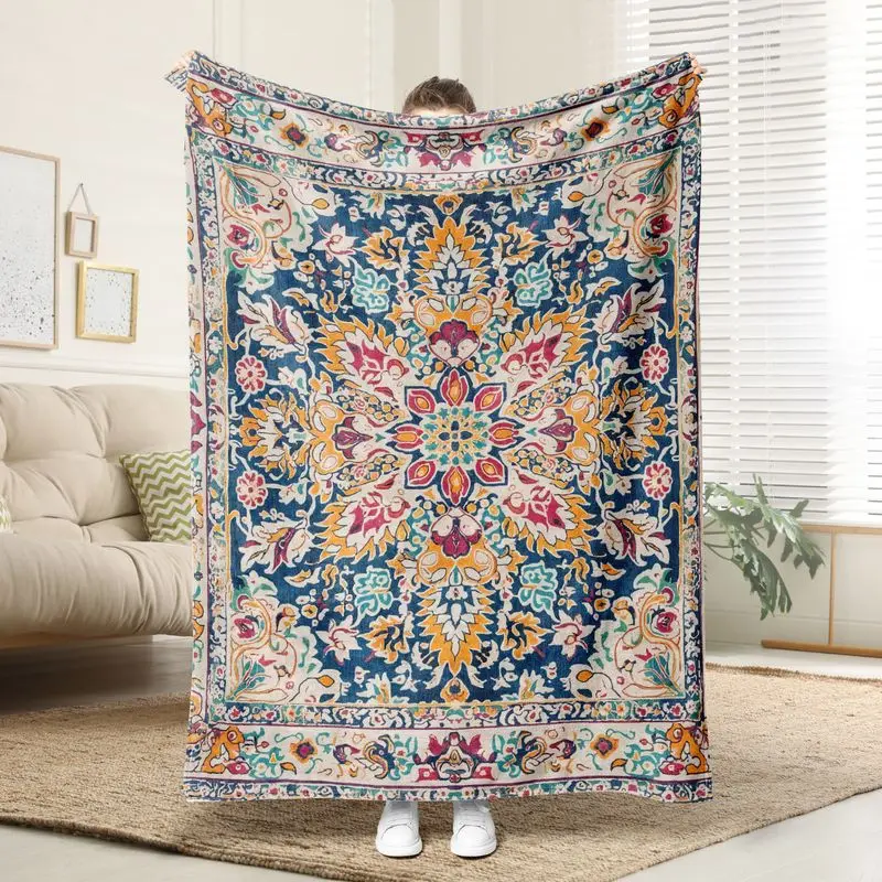 VIKAMA Boho Persian Ethnic Flannel Blanket Vintage Oriental Rug Pattern Warm Throw Sofa Bed Cover For Picnic Home