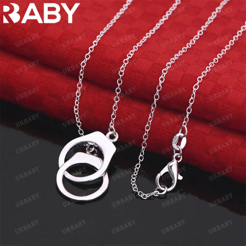 

URBABY 925 Sterling Silver 45CM Chain Handcuffs Pendant Necklace For Woman Man Fashion Wedding Engagement Party Jewelry
