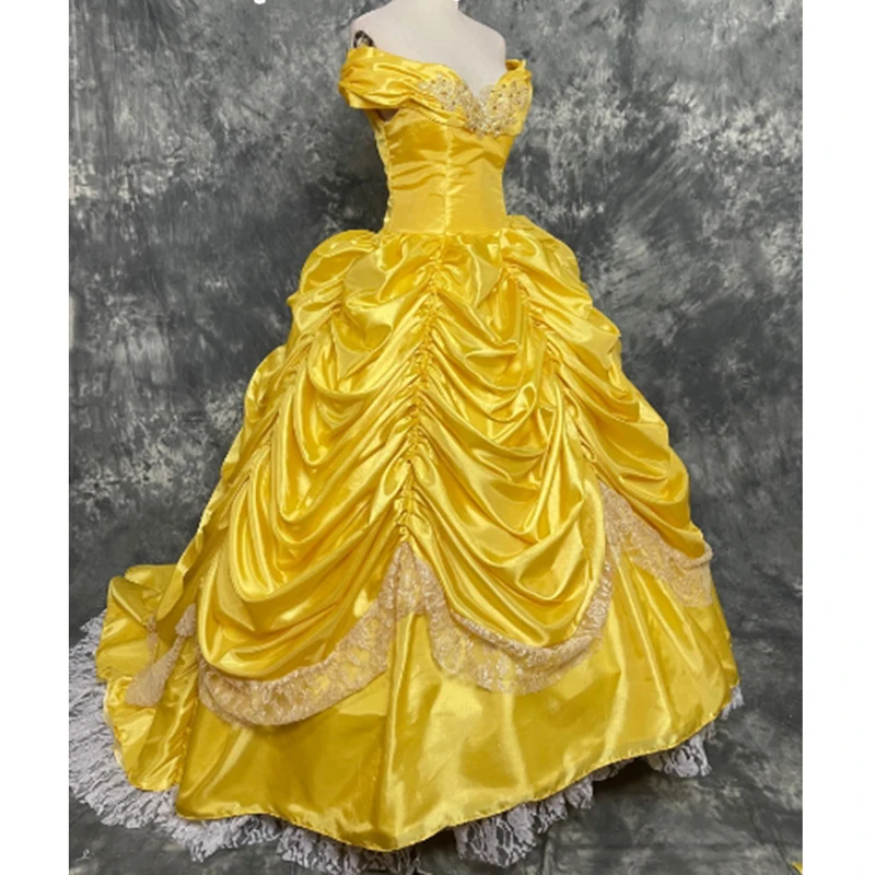 New Arrival Luxury Style Cosplay Costume Princess Yellow Belle Corset Dress For Adult Women Fancy Halloween Party Dresses