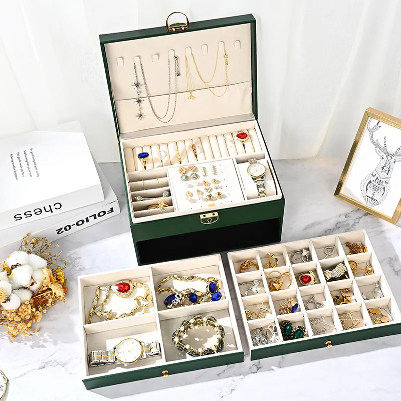 

Retro-style diamond-shaped jewelry storage box with lock large-capacity ring necklace earring and watch storage display box