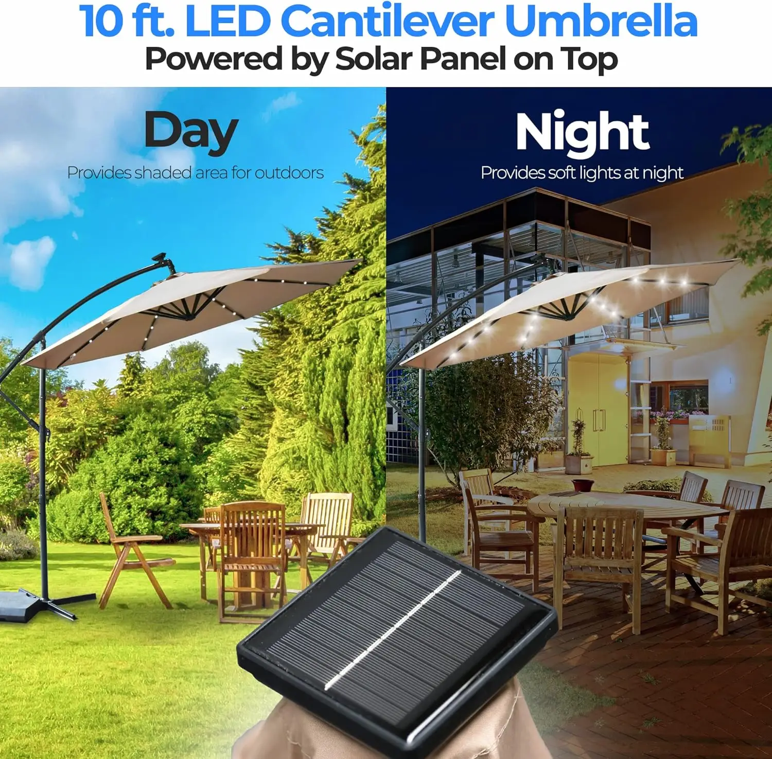360° Rotation-8 Sturdy Steel Ribs Patio Market Hanging Umbrellas with 24 LED Lights, Tilting and Cross Base