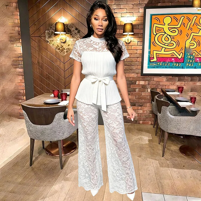 

Doyerl Elegant Two Piece Outfits Woman Matching Sets Lace See Through Patchwork Top and Wide Leg Pant Club Party Outfit Birthday
