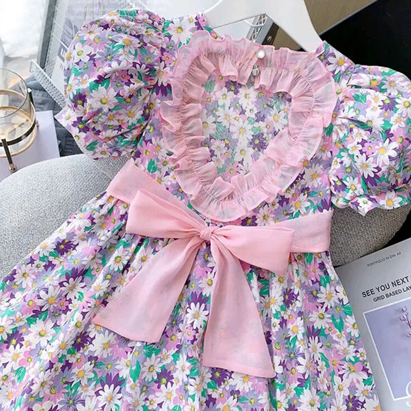 

Girls' Princess Dresses Summer Small Fresh Fragmented Flowers Back Lace Hollowed Out Short Sleeve Bow Lacing Knee-Length Dress