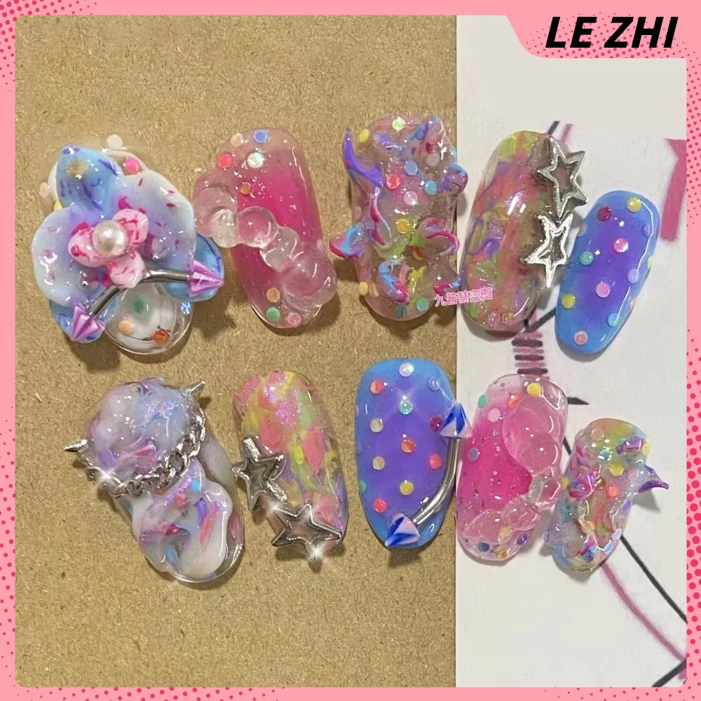 

Y2K Long Square Ellipse Handmade False Nail Spice Girl Rilakkuma Hello Kitty Rabbit Panda Flowers Four-Leaf Clover False Nail
