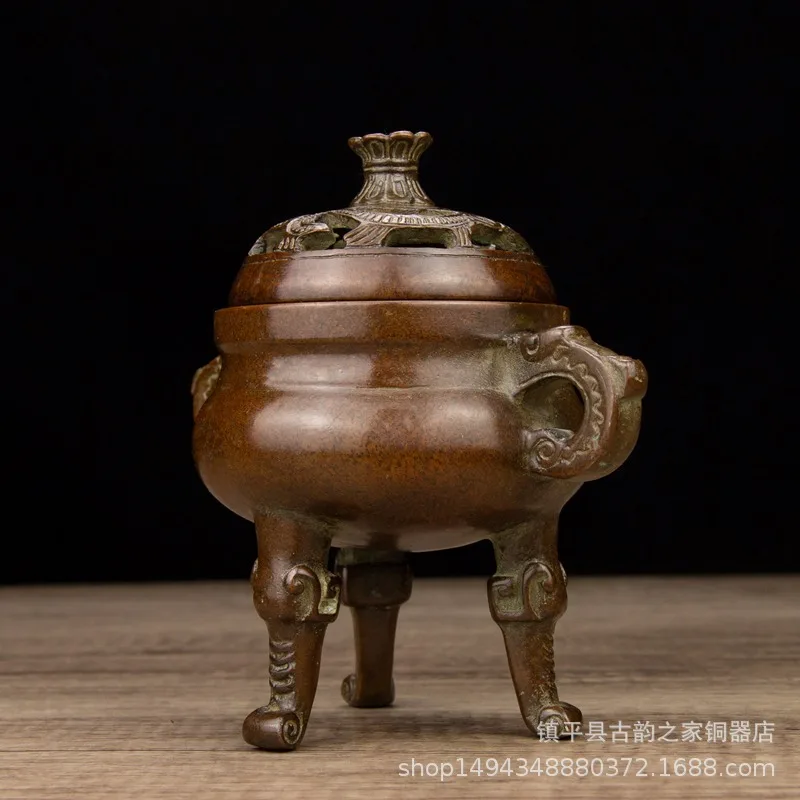 Brass Pure Copper Coiled Dragon Three-Legged Elephant Double-Ear Incense Burner Home Living Room Decorative O