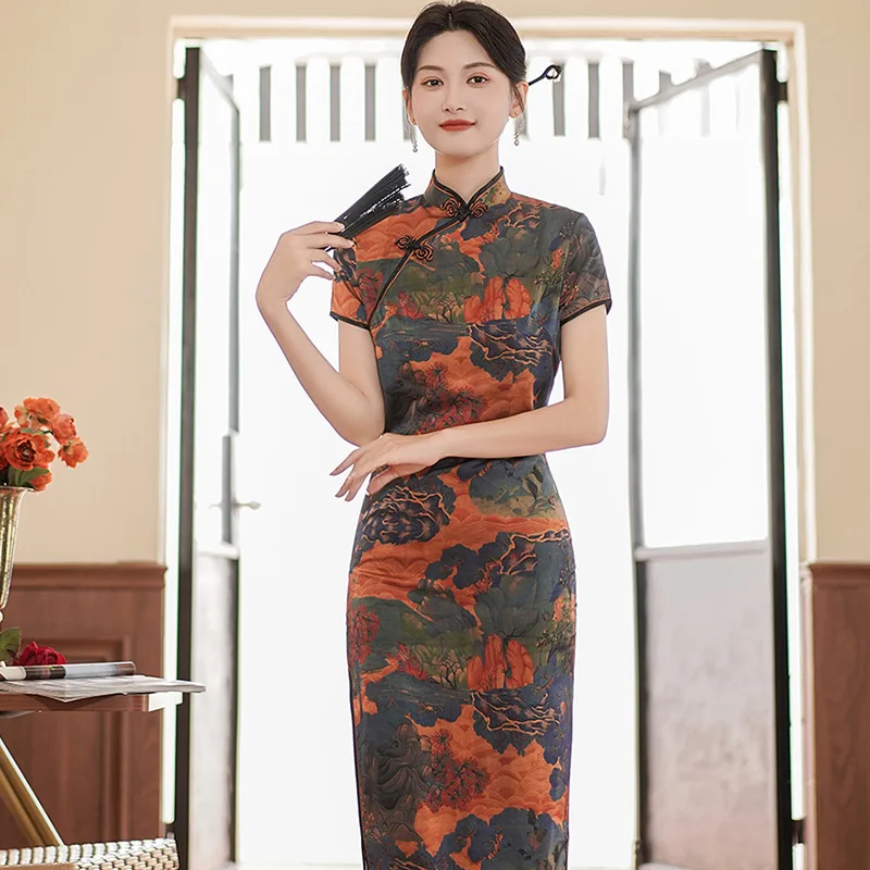 Bodycon Büyük Boy Uzun Qipao Vintage Çiçek Baskılı Yırtmaçlı Etek Bodycon Seksi Vestidos Ulusal Modern High-End Cheongsam
