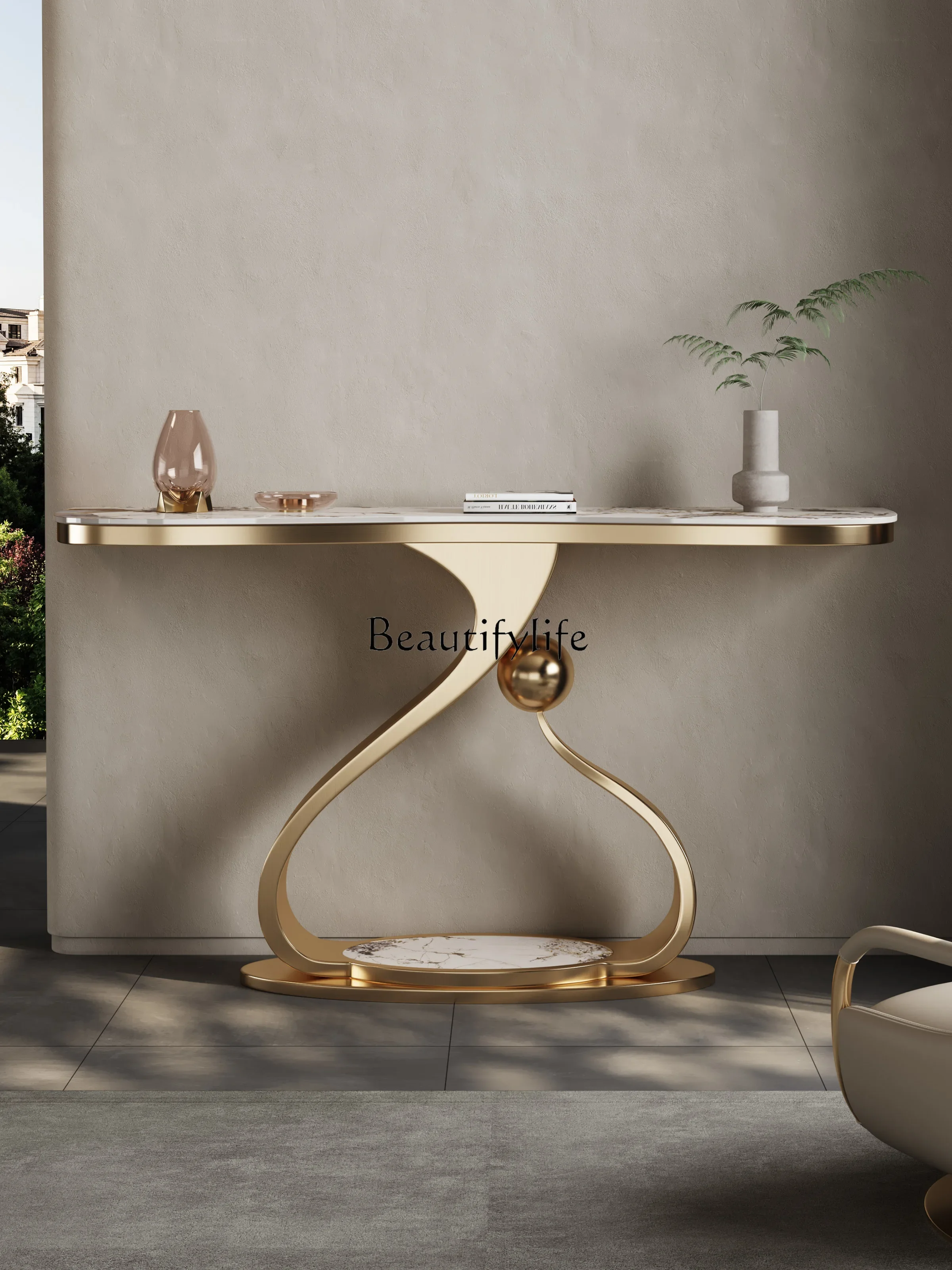 03.Light luxury stainless steel rock slab modern art Xuanguan platform foyer strip case end view platform against the wall large
