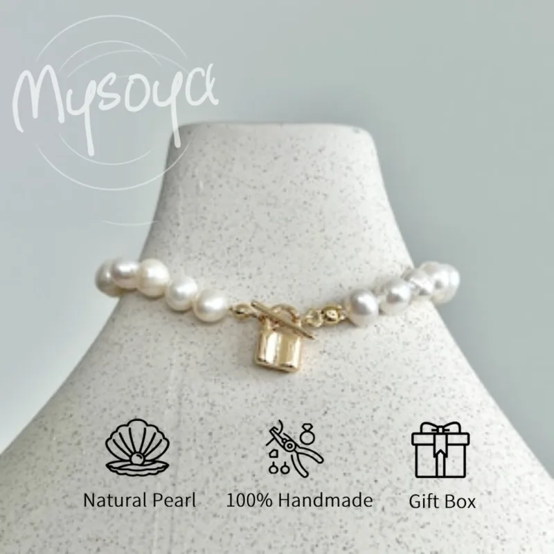 

MYSOYA White Freshwater Pearl Knot Bracelet 6-7mm With Gift Box For Her/Him Birthday/Wedding/Christmas/New Year Gift