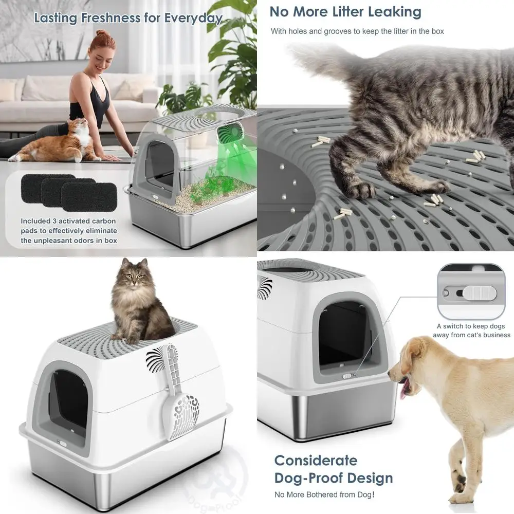 

Ящик для мусора из нержавеющей стали с капюшоном, крышкой фильтра, защитой от собак, низким отслеживанием и защитой от утечек для кошек