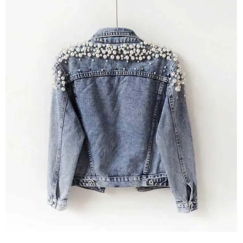 Spring and Summer Heavy Beaded Denim Jacket Women\'s Short Long Sleeve Fashion Jacket Large Pearl Denim Jacket Coat for Women