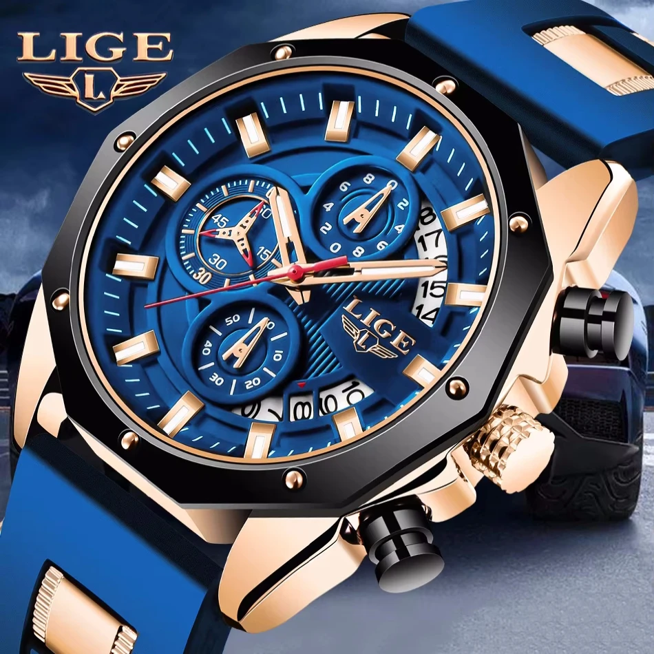 LIGE Brand Watch Men Silcone Sports Watches Men's Army Military Quartz Wristwatch Chronograph Male Clock Relogio Masculino+BOX