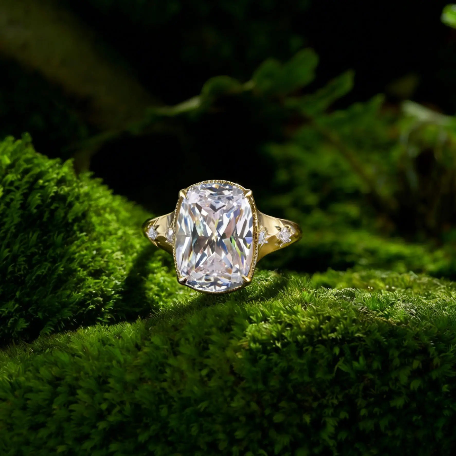 Vintage Cushion Cut Moissanite Ring 925 Silver Plated Nature Inspired Engagement Ring Women Luxury Fine Jewelry
