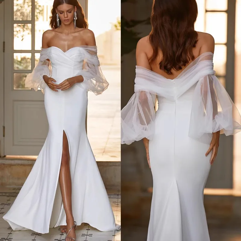 

Wedding Dresses off-shoulder satin mermaid slit long-Sleeves Vestido De Noiva Elegant short-shoulder Bridal Gown plus size