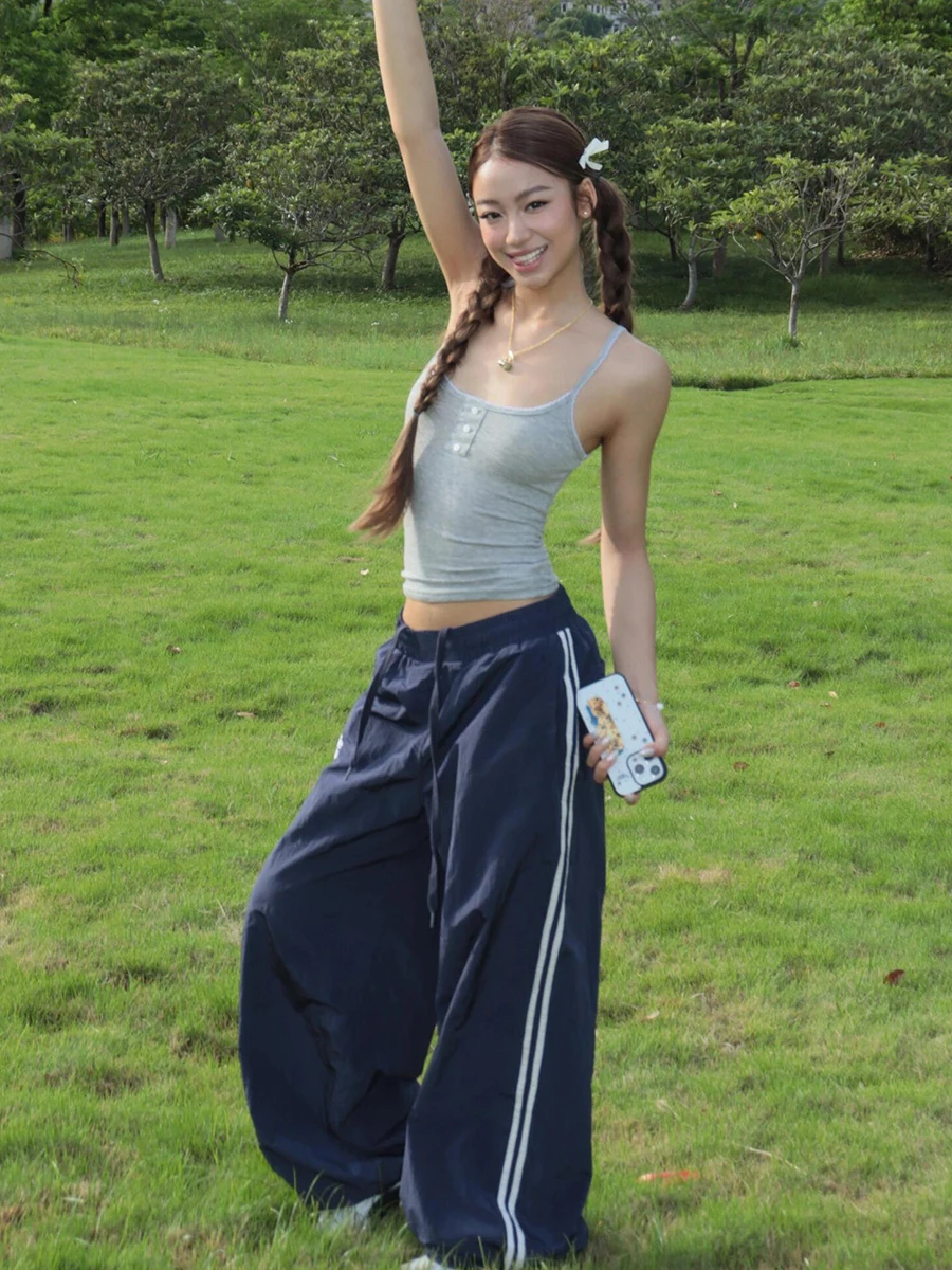 

American Retro Side Stripe Sports Pants Women Summer Thin Quick Dry Casual Loose Slim Straight Floor-Length Trousers