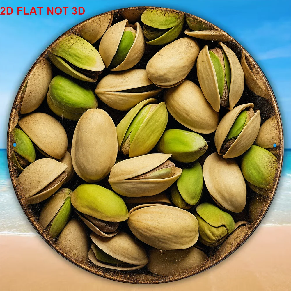 2D Flat, 1pc 8 X 8 Inches/20 X 20 Cm Round Sign, Vintage Decorative Plaque about Pistachios, Delicious Nut Snack Decor Sign, Hol