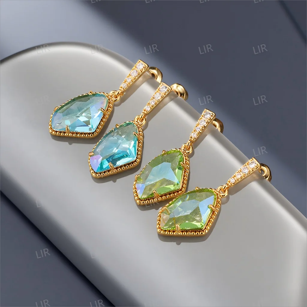 

LIR Blue & Green Irregular Crystal Glass Earrings: Silver Needle, Sea & Sky Vibe, Summer Style, Youthful Charm, Trendy Fashion