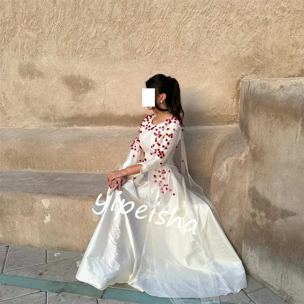 Customized   Satin Applique Draped Wedding Party A-line O-Neck Bespoke Occasion Gown Long Dresses  Casual 