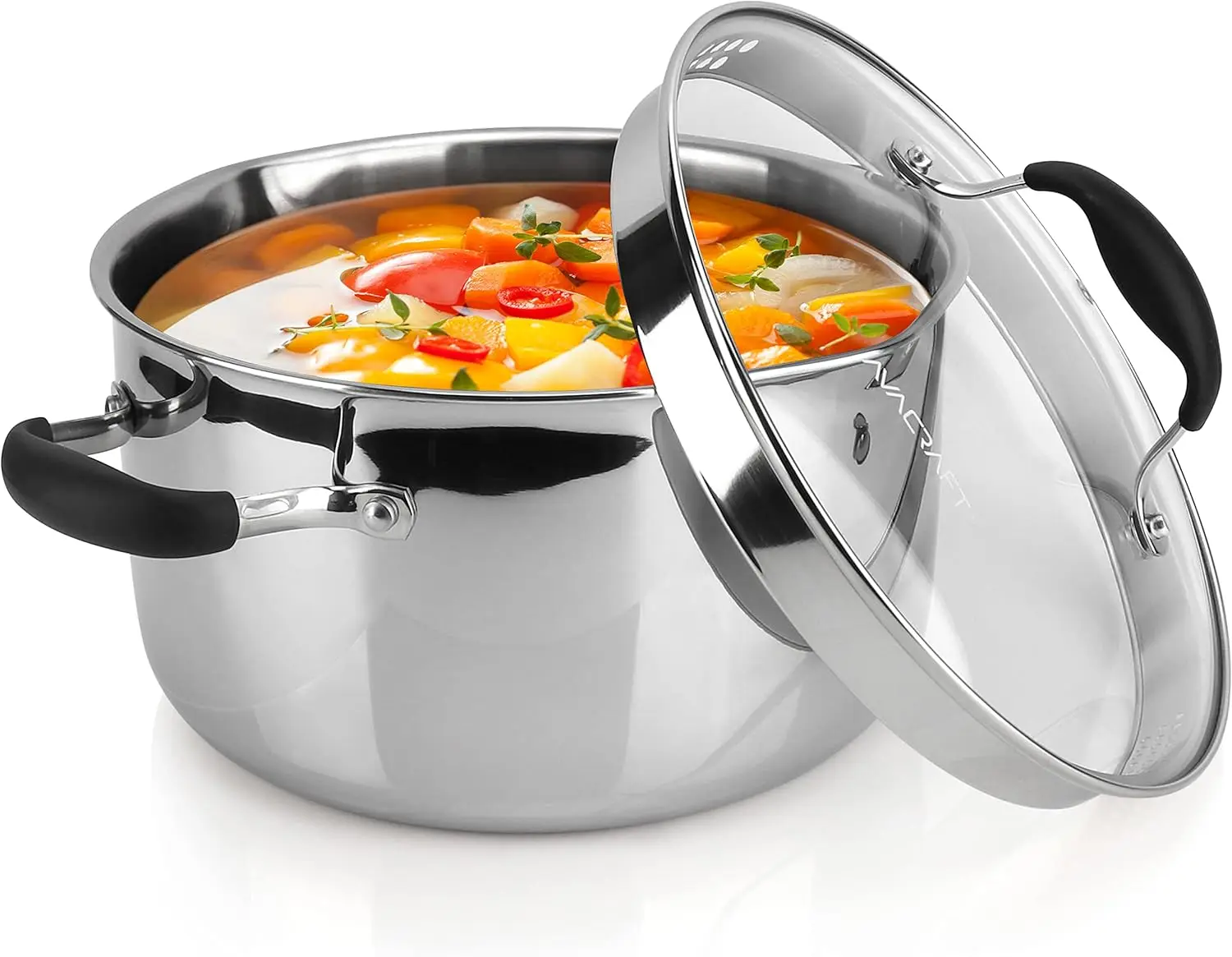 Tri-Ply Stainless Steel Stockpot with Glass Strainer Lid, Side Spouts, 6 Quart Pot, Multipurpose Stock Pot, Sauce Pot (Tri-Ply F