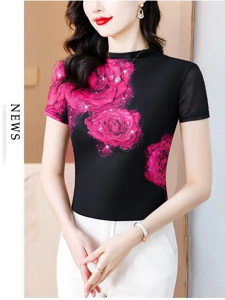 Women\'s Mesh T-shirt Flowers Print T Shirt Top Lady Clothing Summer Short Sleeve Tees O-neck Fashion Female T-shirt