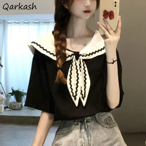 Imagen 1 del producto Camisetas con cuello de marinero para mujer, ropa holgada Kawaii con paneles, estética de diseñador de temperamento, estilo japonés, Vintage, verano, Футlıkkus