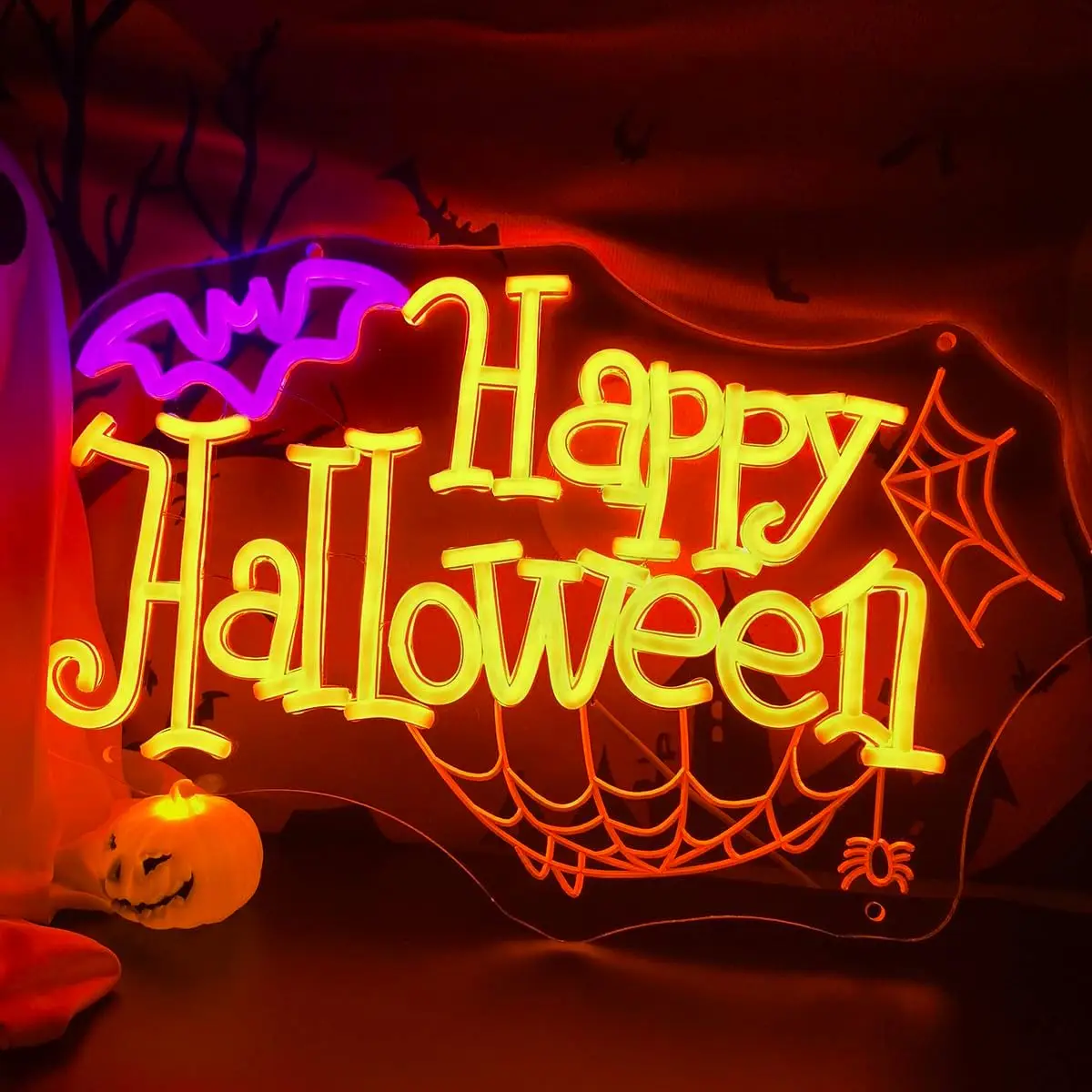 Happy Halloween Neon Sign Bat Spider Web LED Neon Light Spooky Party Bedroom Gaming Room Wall Decor Christmas Gift USB Powered