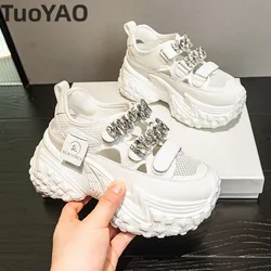 9cm Ankle Boots Sandals 2024 Air Mesh Synthetic Genuine Leather Women Comfy Summer Bling Rhinestone Fashion Chunky Sneaker