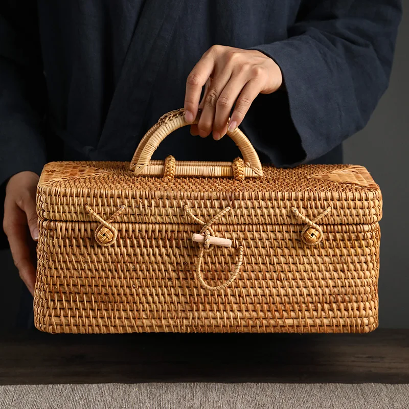 Handwoven Rattan Storage Box with Handle Portable Tea Box Teaware Food Container Picnic Basket Ornament Case Rangement Organizer